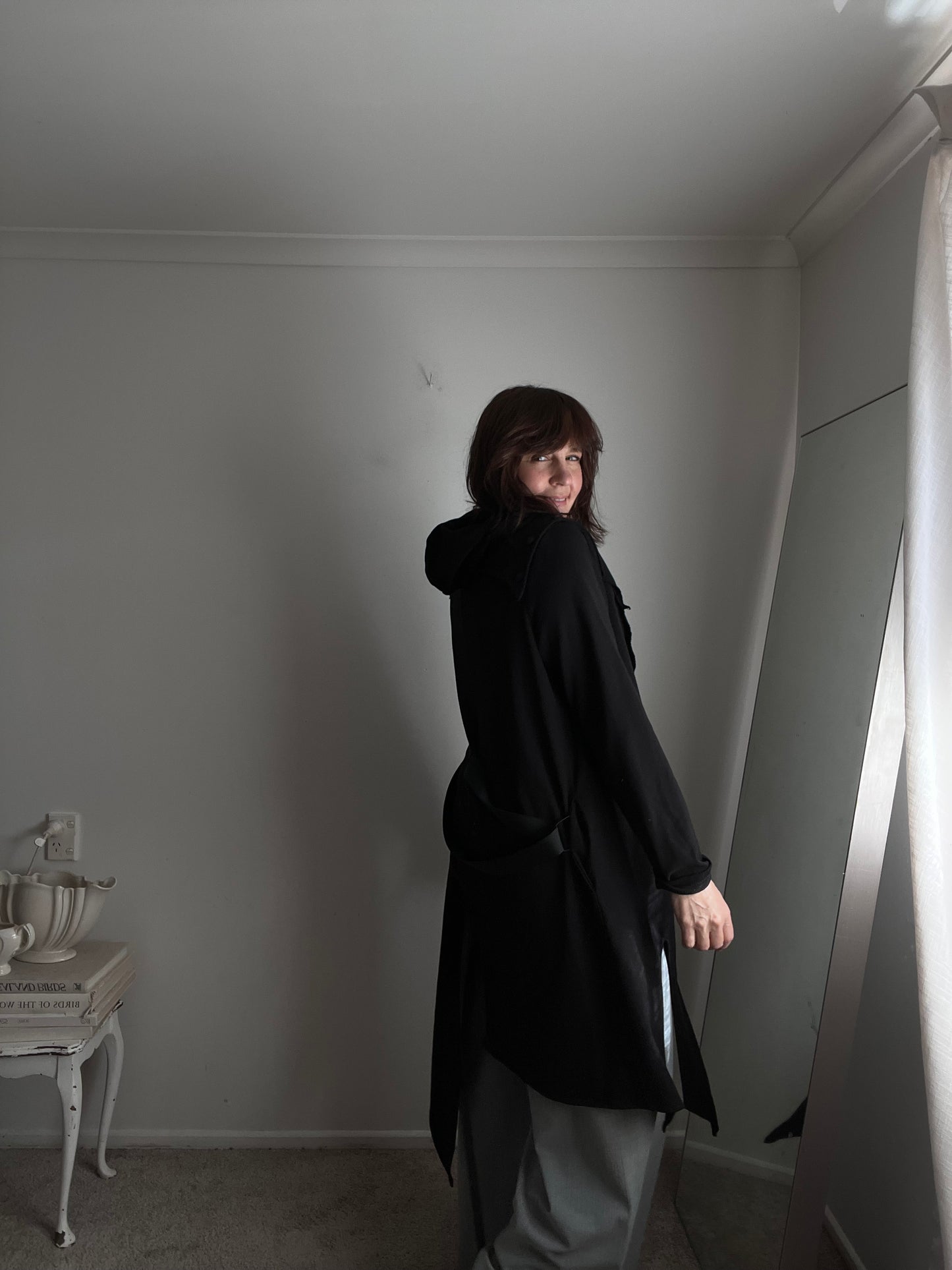 BONE & ARROW Black Long Hooded Jacket RRP approx $399 (10-12)