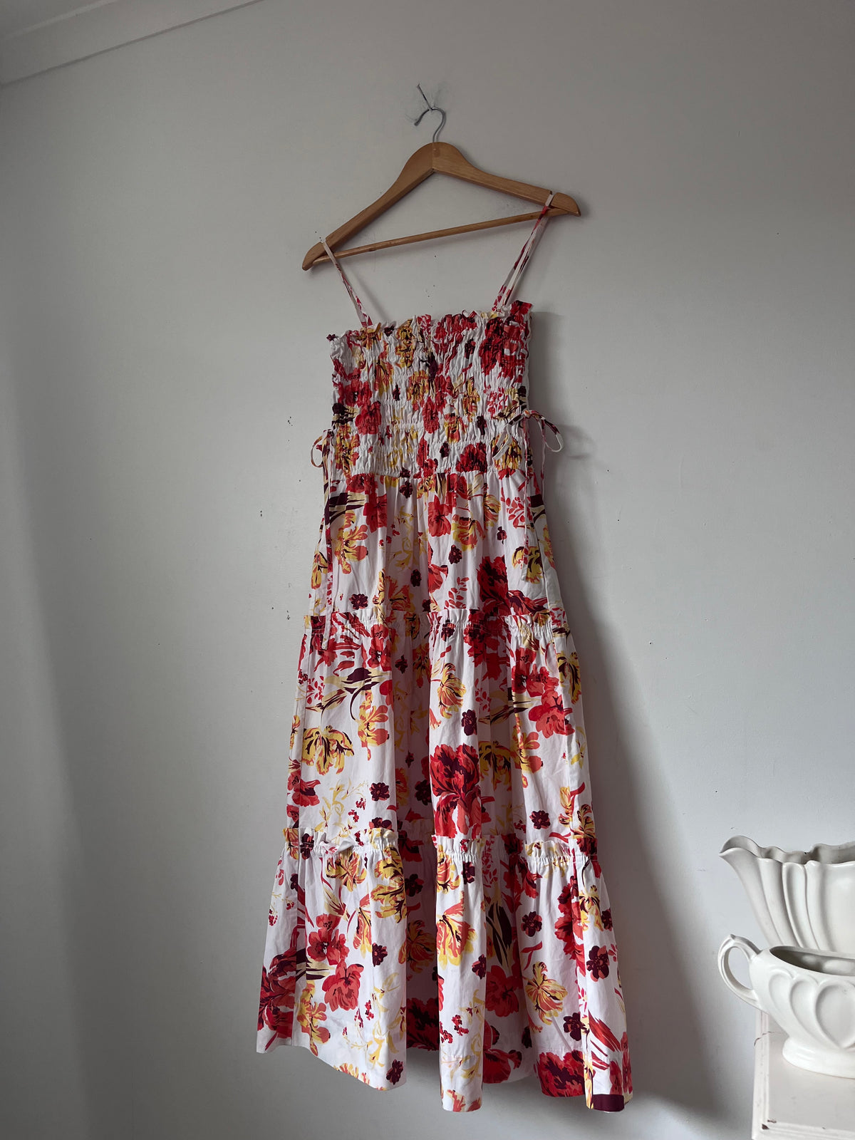 SHONA JOY Kalani Shirred Tiered Midi Dress RRP$349 (Size 8)