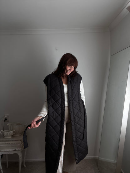 H&M Long Quilted Belted Vest RRP $100 (12-16)