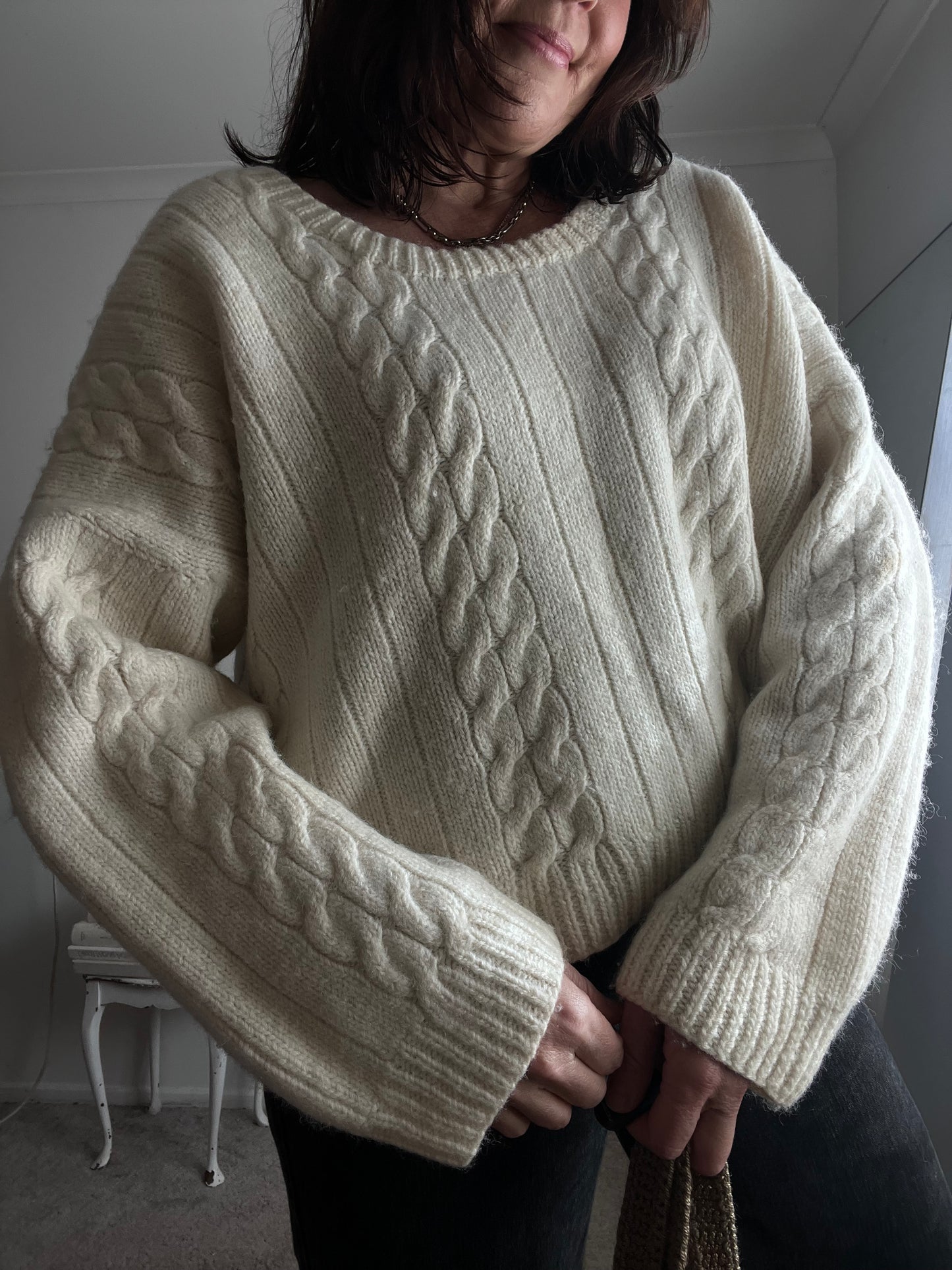 HANDKNIT Cream Wool Cable Knit Jumper (12-18)