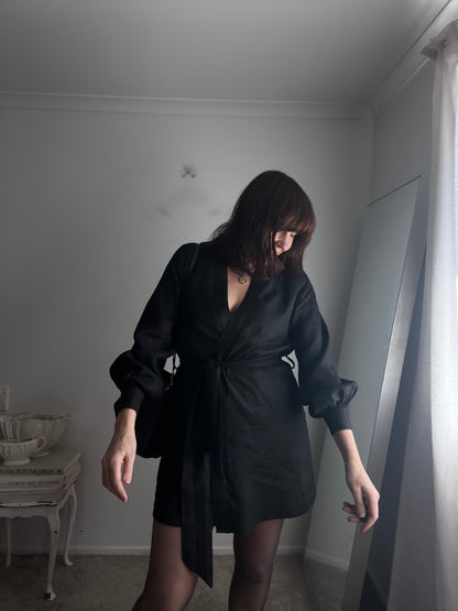 DISSH Black Linen Blend Wrap Mini Dress RRP$159 (8-10)