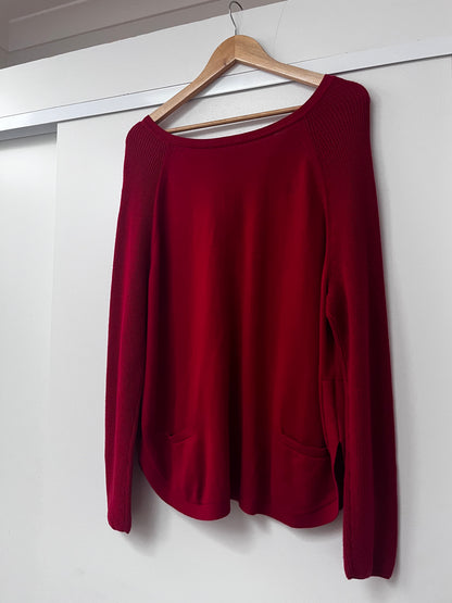 Red Cotton Henley Knit Top (Size 12–14)