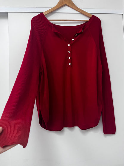 Red Cotton Henley Knit Top (Size 12–14)