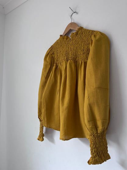 SEED HERITAGE Shirred Linen Blend Blouse RRP $159 (Size 8)