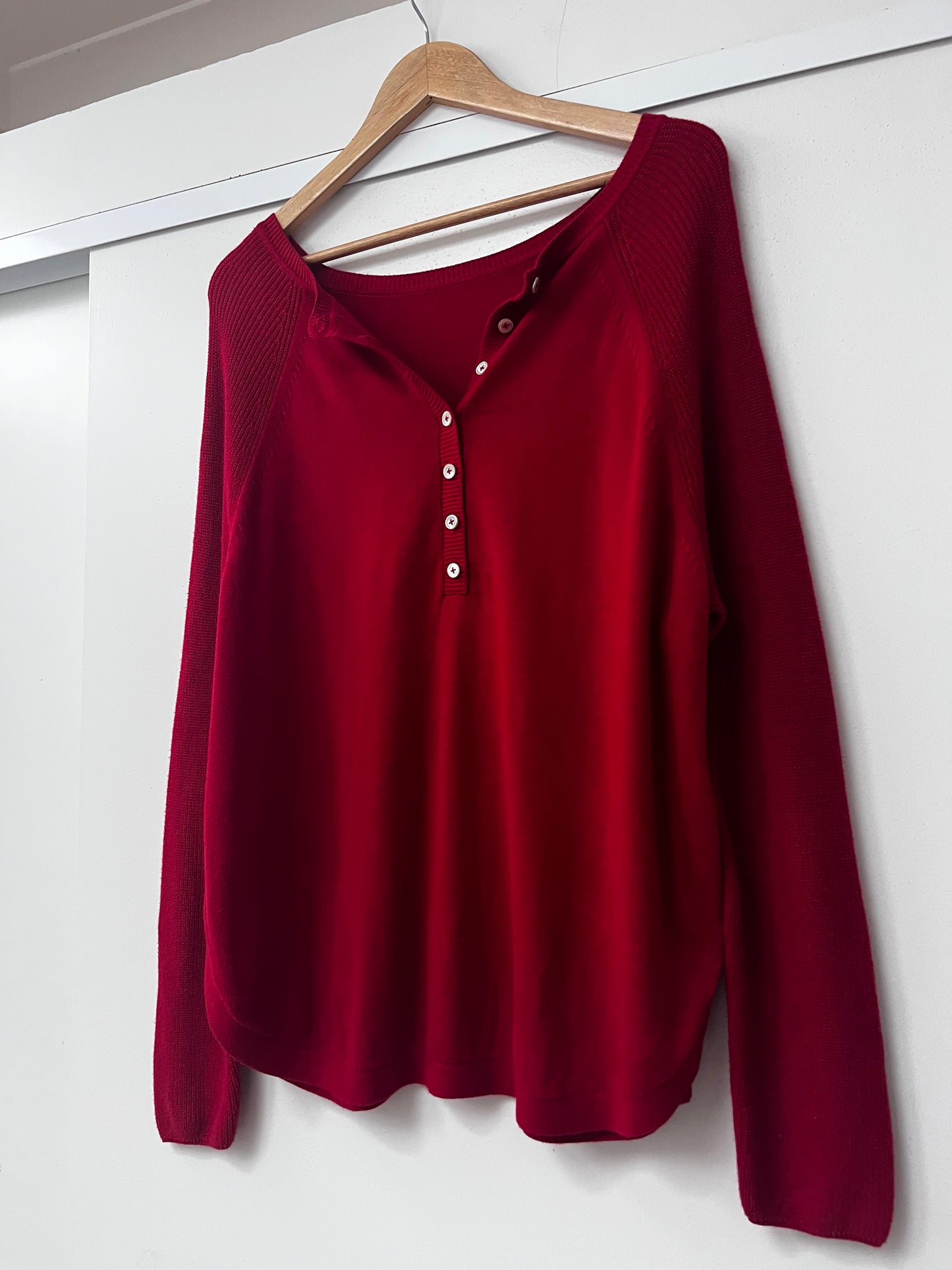 Red Cotton Henley Knit Top (Size 12–14)
