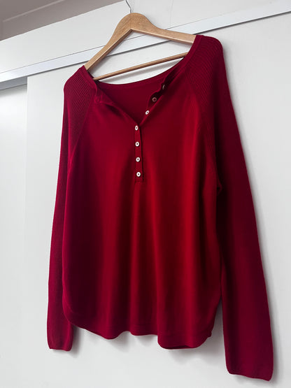 Red Cotton Henley Knit Top (Size 12–14)