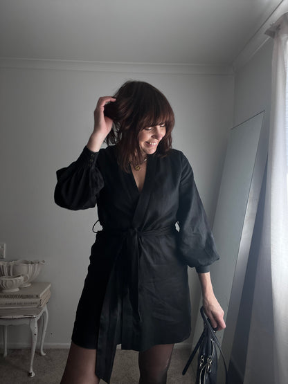 DISSH Black Linen Blend Wrap Mini Dress RRP$159 (8-10)