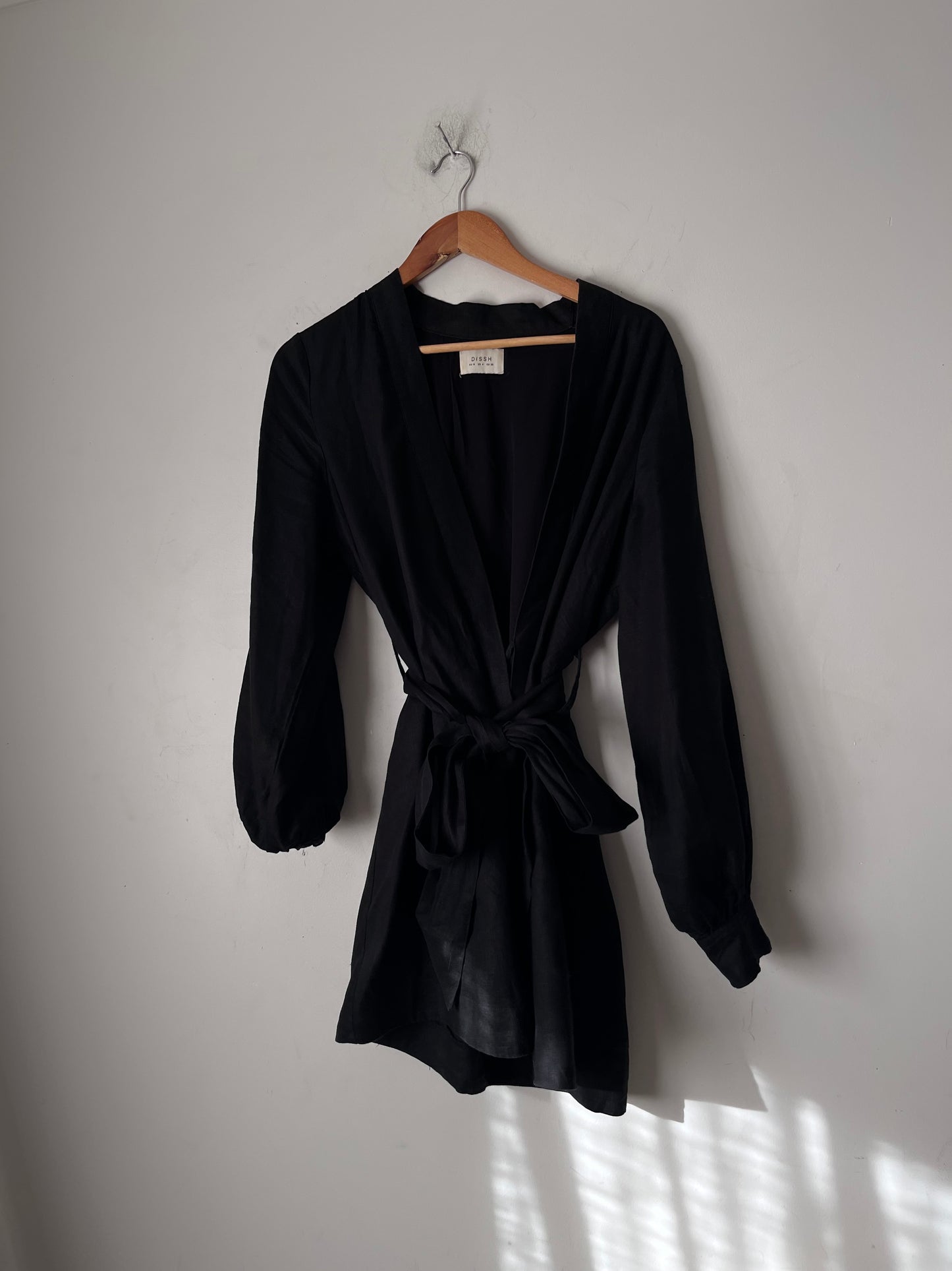 DISSH Black Linen Blend Wrap Mini Dress RRP$159 (8-10)