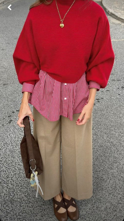 Red Cotton Henley Knit Top (Size 12–14)