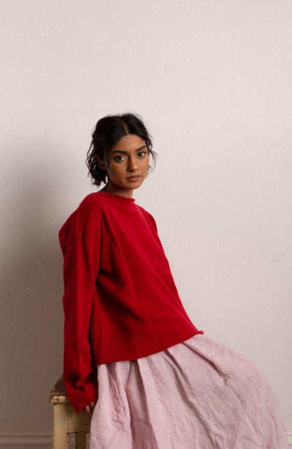 Red Cotton Henley Knit Top (Size 12–14)