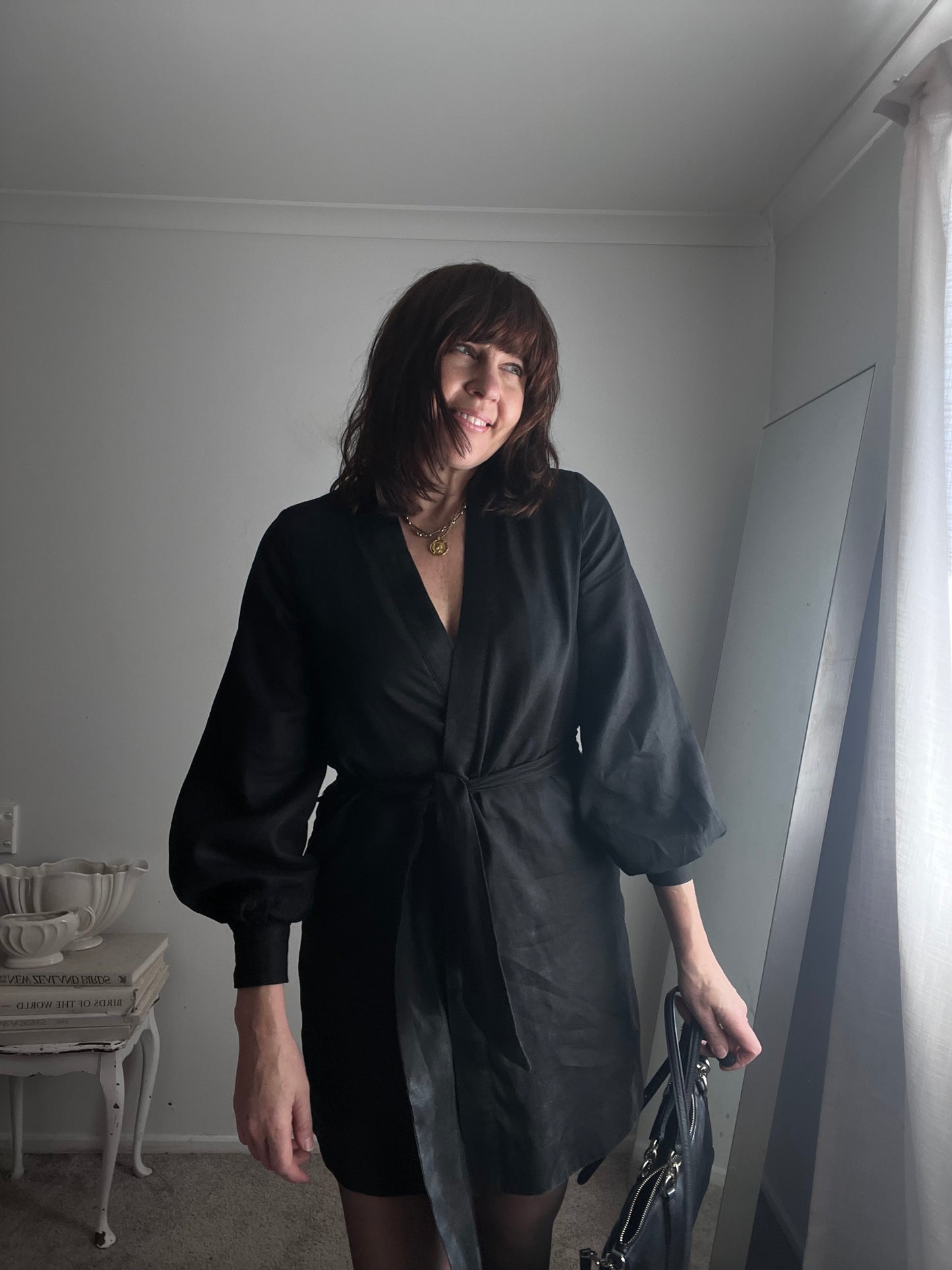 DISSH Black Linen Blend Wrap Mini Dress RRP$159 (8-10)