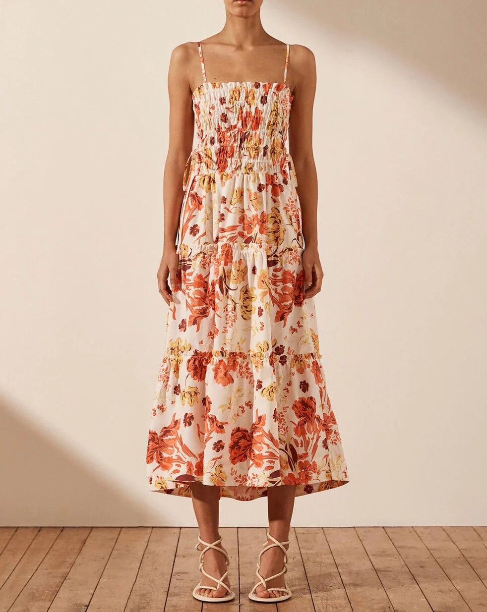 SHONA JOY Kalani Shirred Tiered Midi Dress RRP$349 (Size 8)