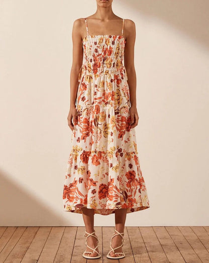 SHONA JOY Kalani Shirred Tiered Midi Dress RRP$349 (Size 8)