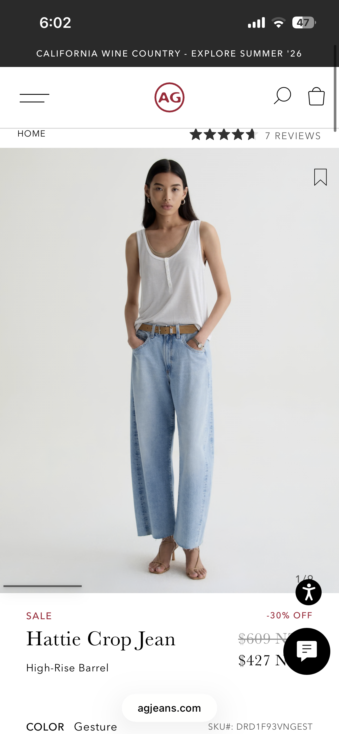 AG Hattie Crop High-Rise Barrel Jeans RRP $569 (10-12)