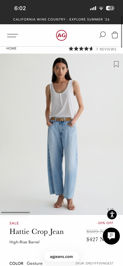 AG Hattie Crop High-Rise Barrel Jeans RRP $569 (10-12)