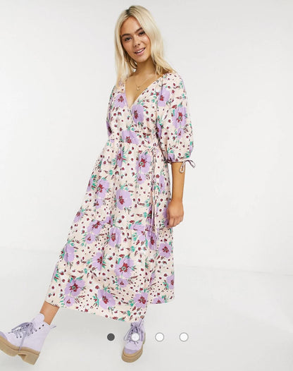 ASOS DESIGN Pink & Purple Floral Wrap Dress RRP$140 (14 imo)