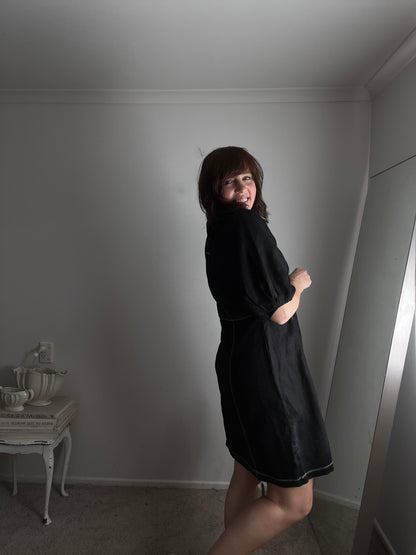 MAX Black linen contrast stitch dress RRP$189 (14)