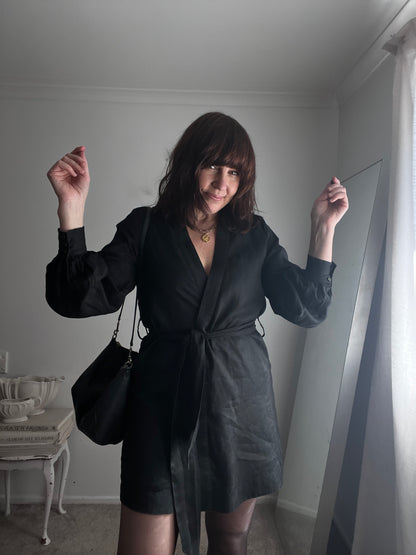 DISSH Black Linen Blend Wrap Mini Dress RRP$159 (8-10)