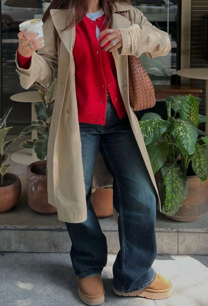 Red Cotton Henley Knit Top (Size 12–14)