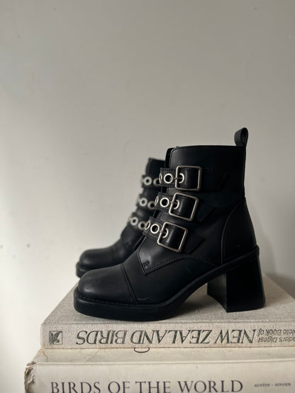 JEFFREY CAMPBELL Triple Buckle Leather Ankle Boots RRP$399 (38)